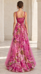 Back view of fuchsia pink floral formal gown showing fitted back and flowing skirt