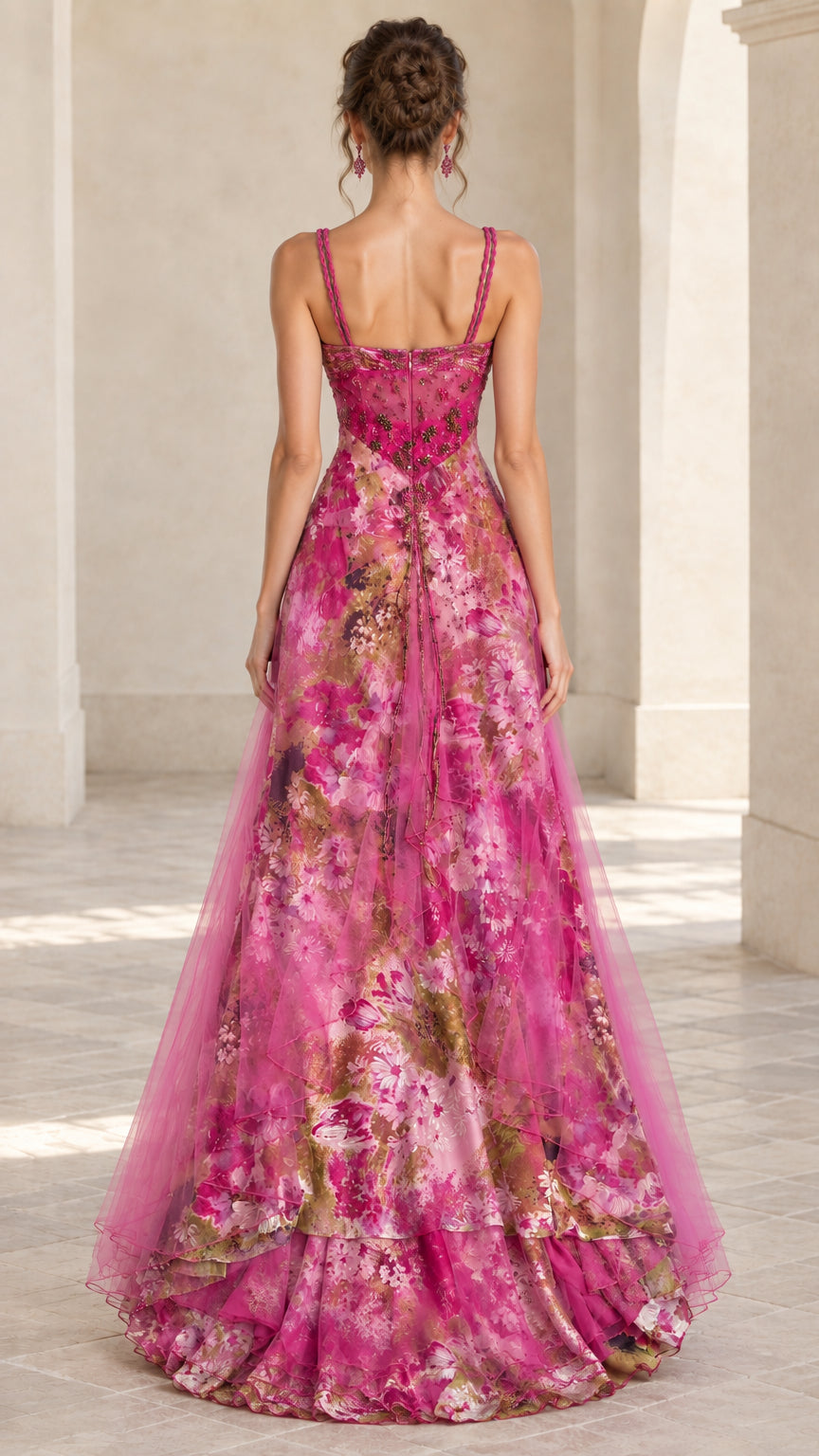 Back view of fuchsia pink floral formal gown showing fitted back and flowing skirt