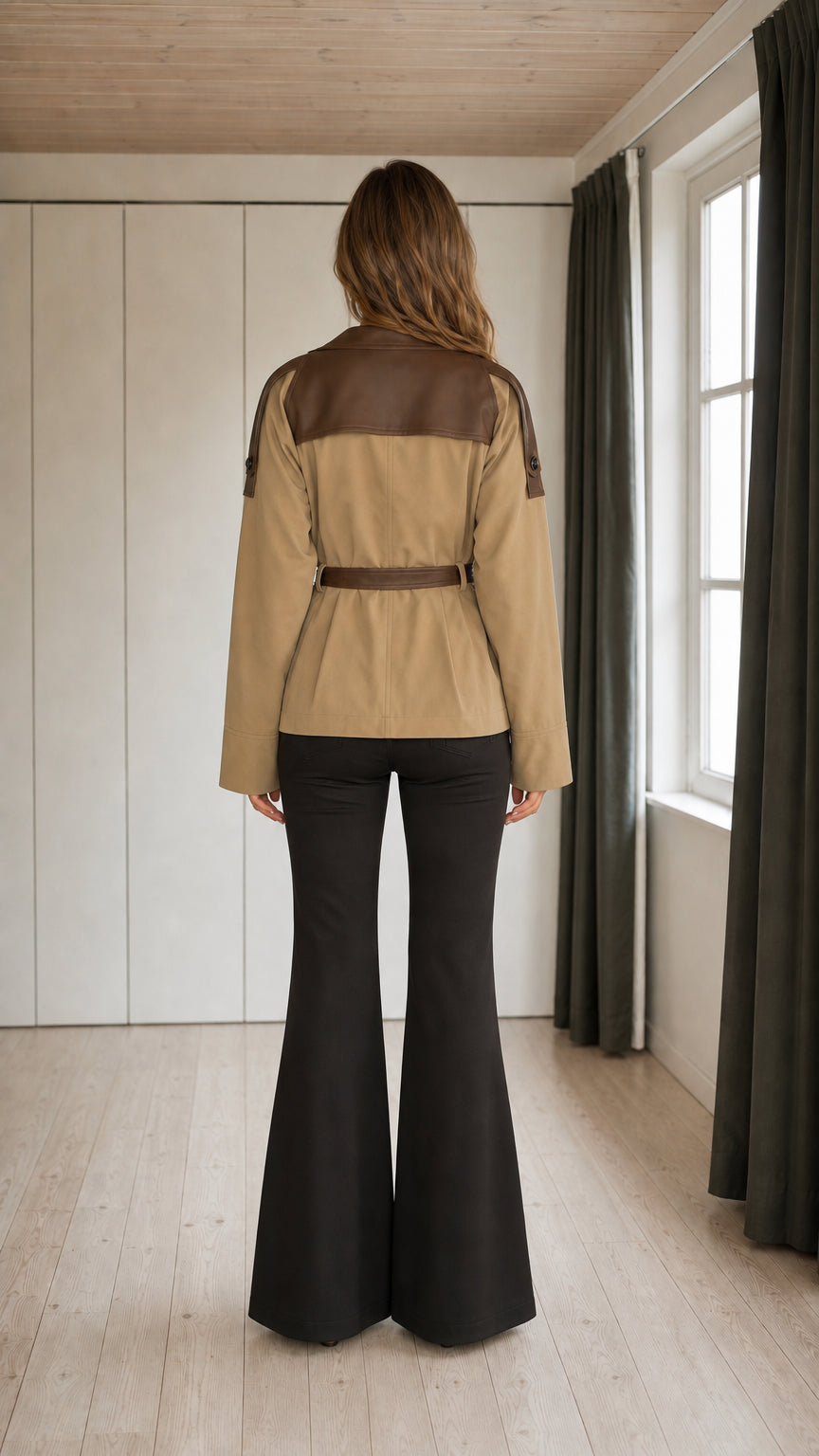 Back view of model wearing khaki belted trench jacket showing contrast yoke