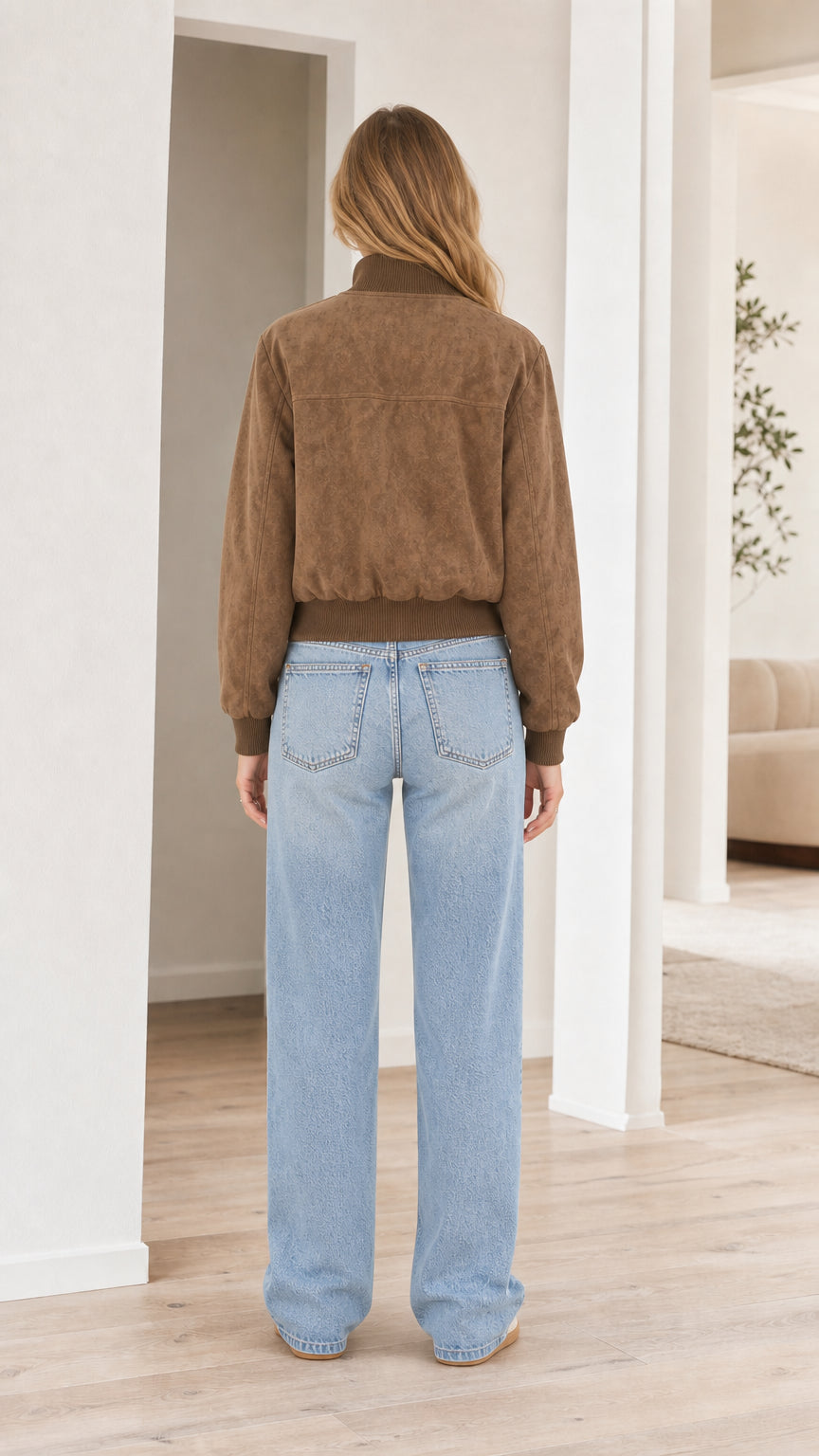 Back view of model wearing brown faux suede bomber jacket with ribbed hem