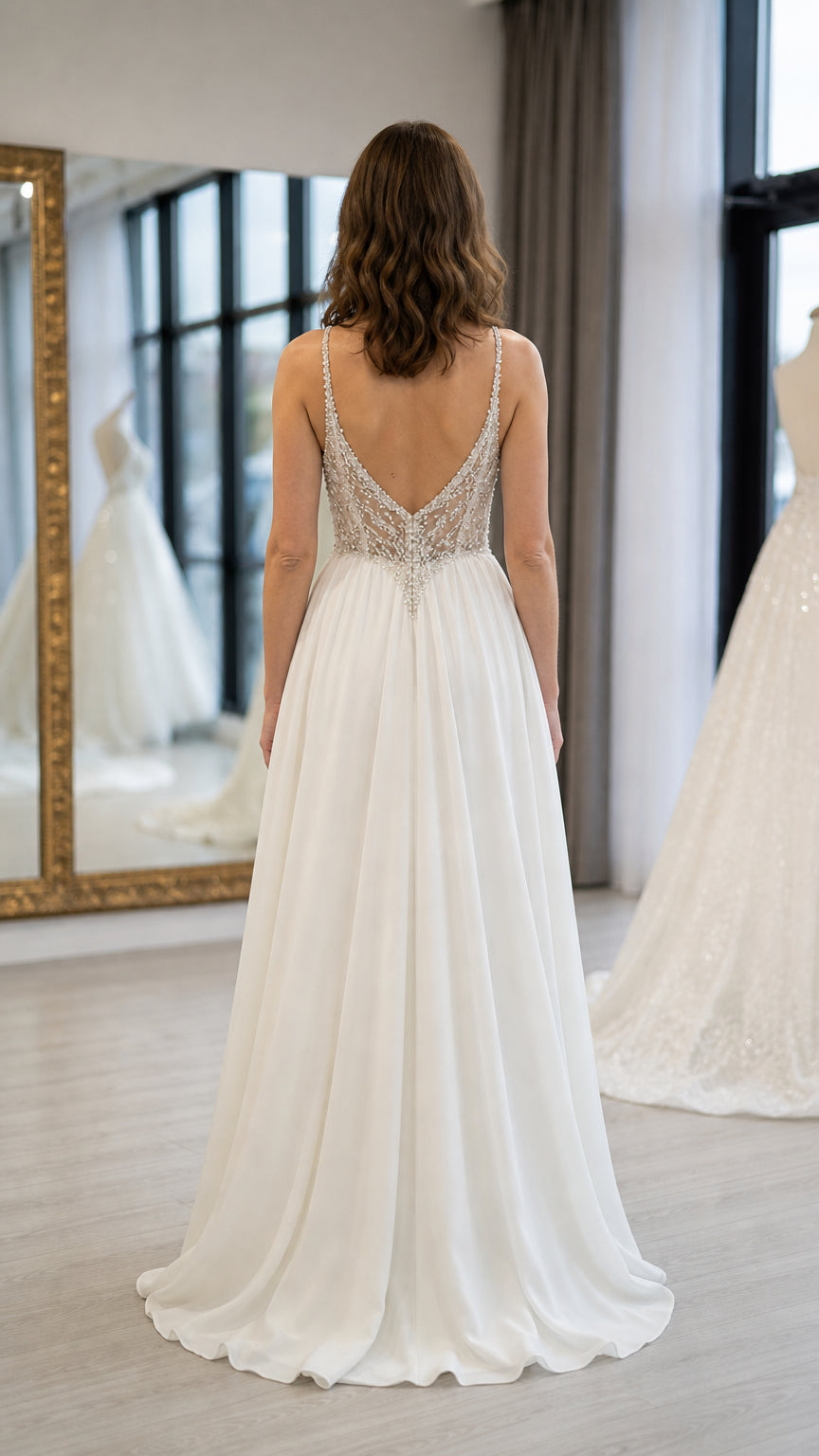 Back view of white formal gown showcasing deep low back with beaded sheer detail