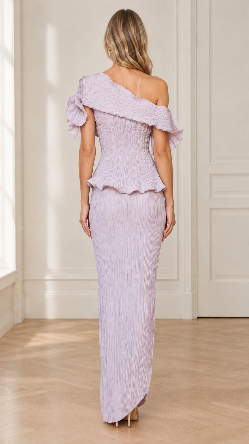 Lilac textured plisse peplum top and maxi skirt back view