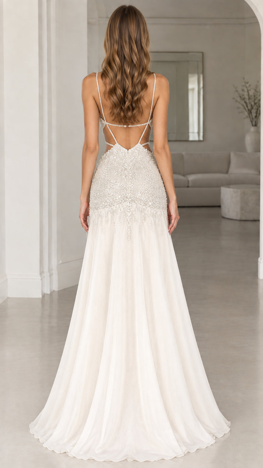 Back view of model wearing ivory open strappy back maxi dress