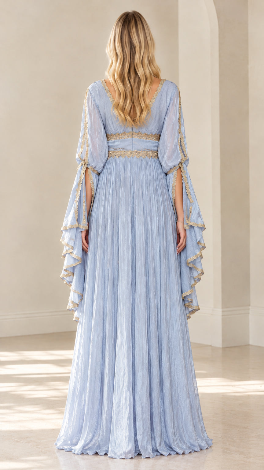 Back full-length view of Light Blue pleated maxi dress showing open bell sleeves