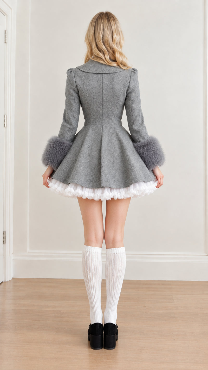 Back view of grey tailored double breasted coat dress showing fitted waist and swing skirt