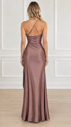 Back view of dusty mauve satin maxi dress showing the open back with diagonal thin strap