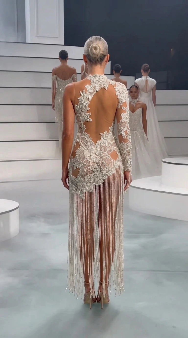 Ivory sheer illusion open-back lace fringe gown back view