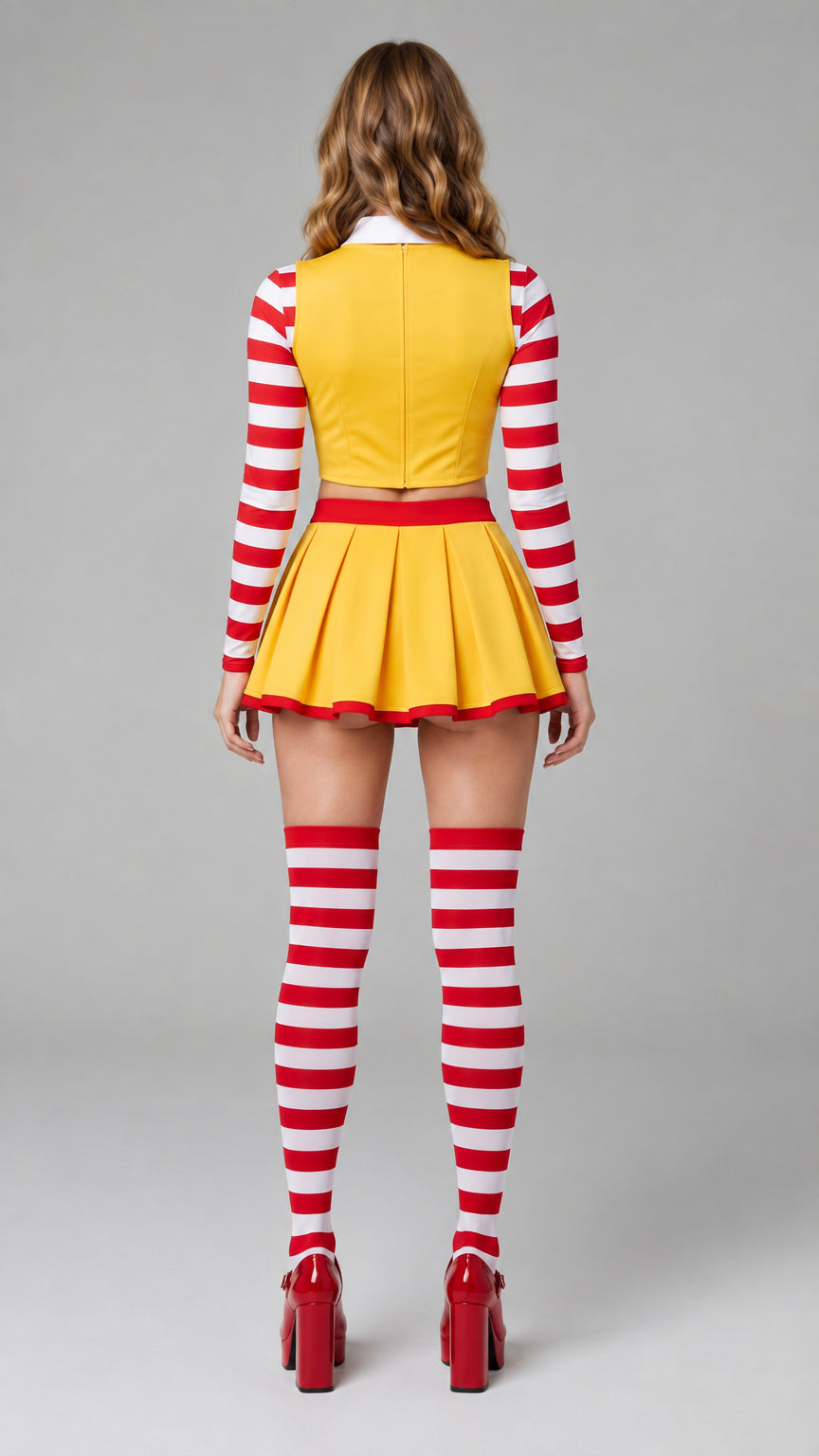 Back view of model showing yellow vest back zipper and pleated mini skirt