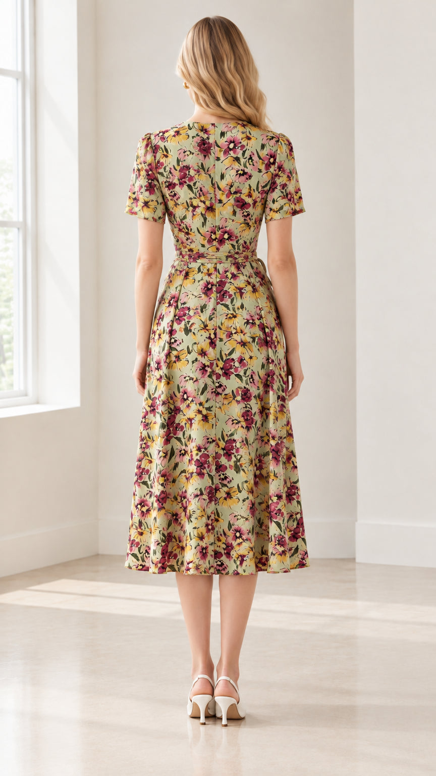 Back full-length view of sage green floral wrap midi dress with flared skirt