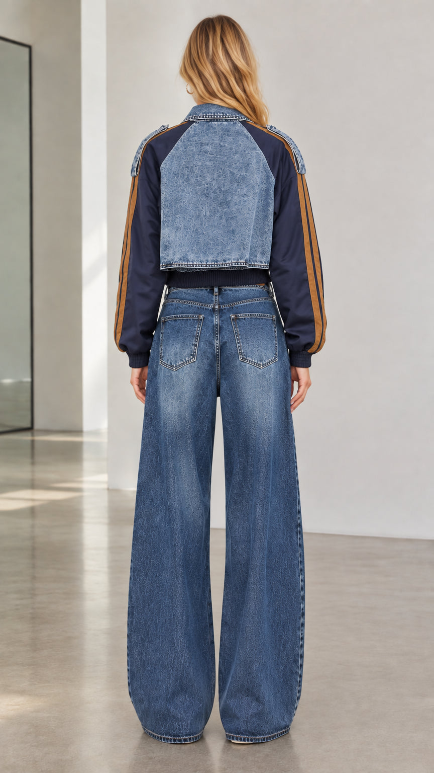 Back view of model wearing blue denim set showing cropped jacket cut and wide trouser silhouette