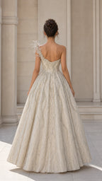Champagne formal ball gown back view showing open back and full skirt