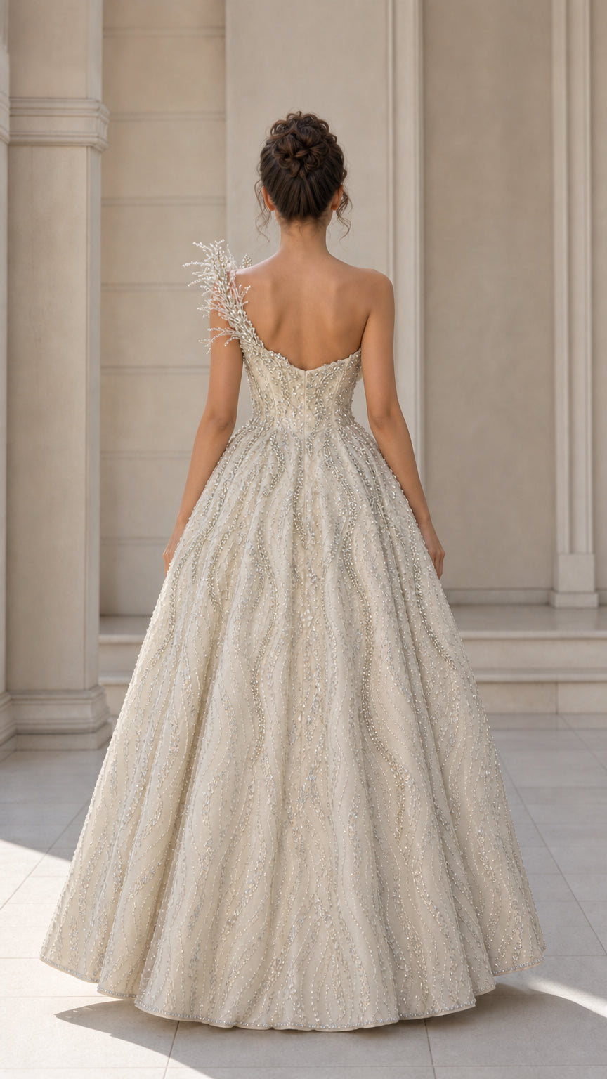 Champagne formal ball gown back view showing open back and full skirt