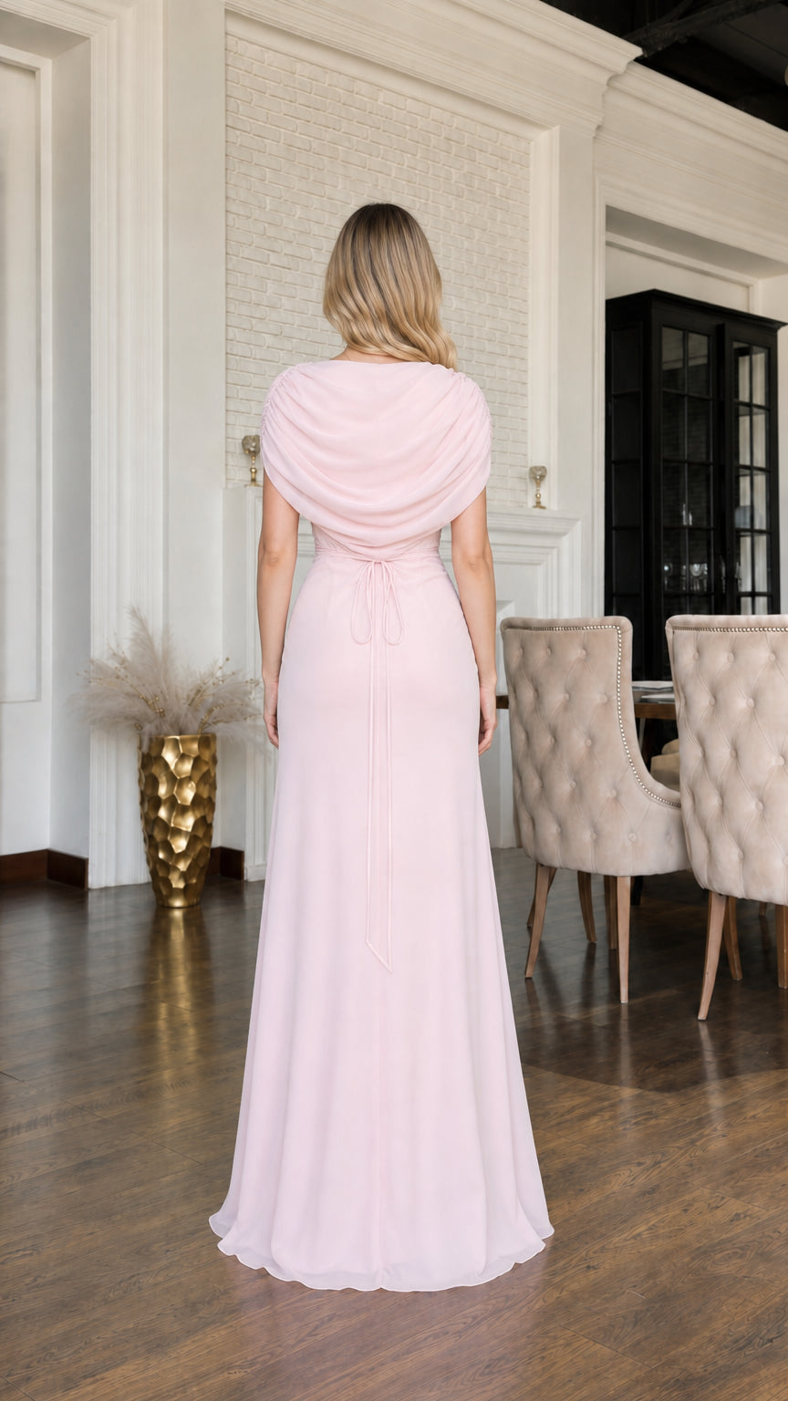 Rear back view of blush pink evening gown featuring draped cowl back and waist tie