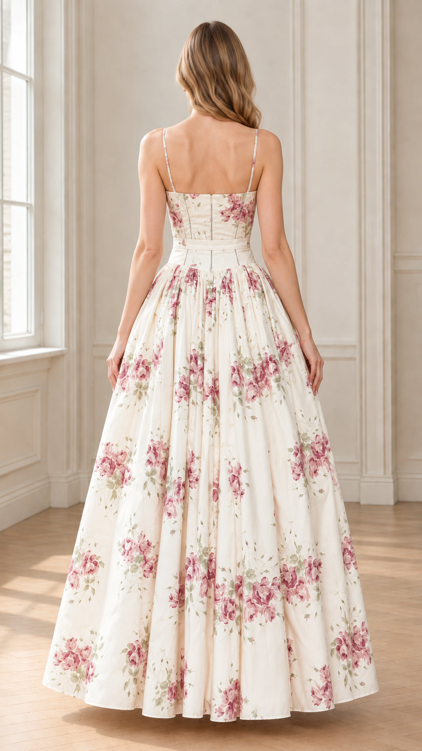 Back view of model wearing cream floral maxi dress showing fitted bodice and back zip