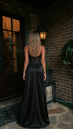 Back view of black corset satin formal dress highlighting back lace details