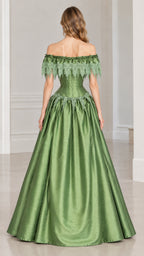 Back view of woman wearing sage green off-shoulder ball gown showing zipper closure