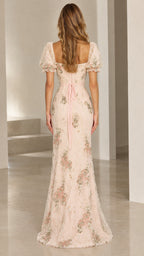 Back view of Champagne floral embroidered maxi dress showing back tie ribbon