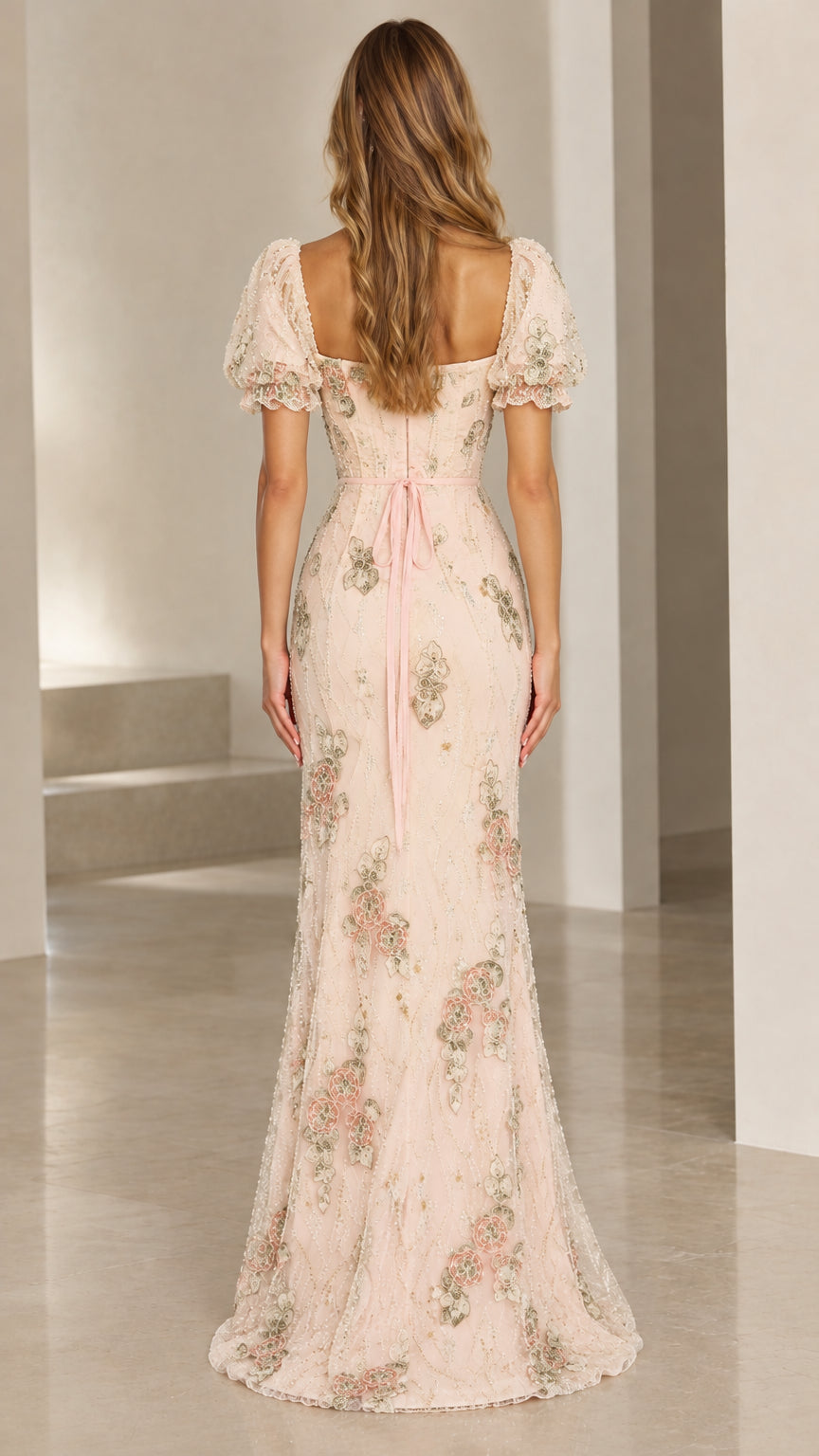 Back view of Champagne floral embroidered maxi dress showing back tie ribbon