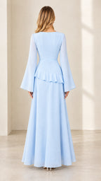 Back view of light blue long sleeve A-line maxi dress