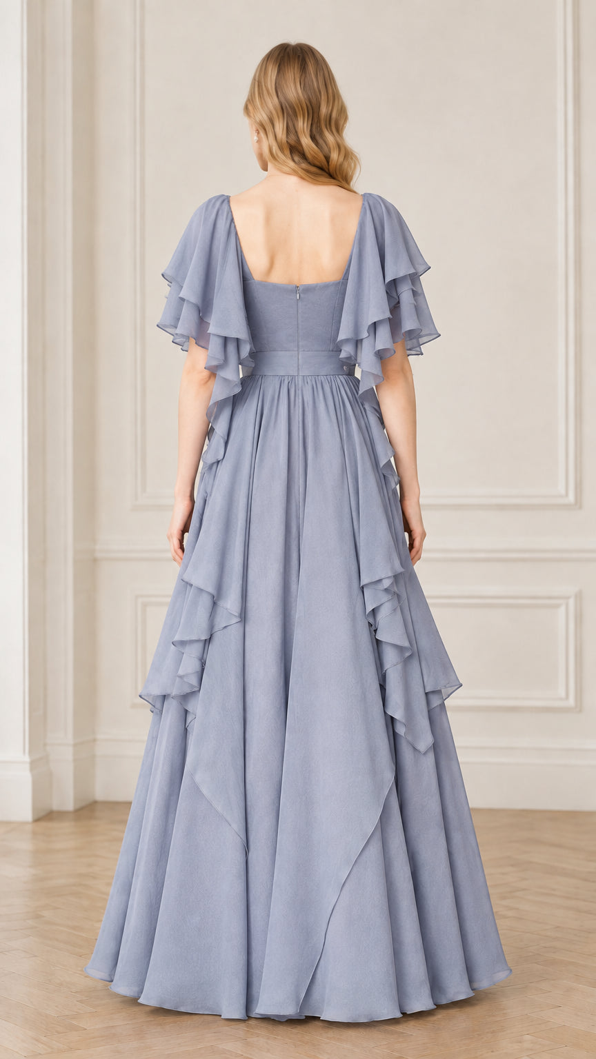 Back view of woman wearing dusty blue tiered flutter sleeve maxi dress