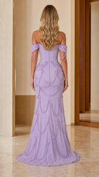 Back view of model wearing lavender corset evening gown with draping bead swags