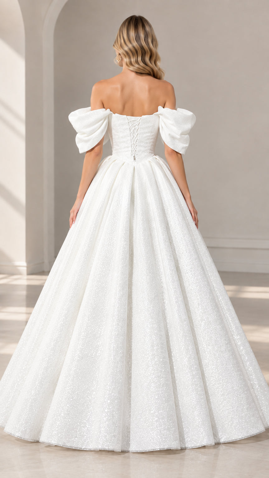 Back view of white off-shoulder ball gown showing lace-up corset detail