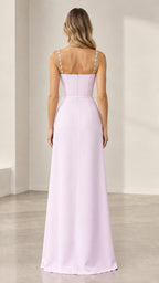 Back view of lilac maxi dress showing clean zip closure and embellished straps