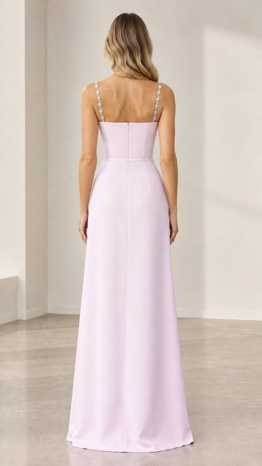 Back view of lilac maxi dress showing clean zip closure and embellished straps