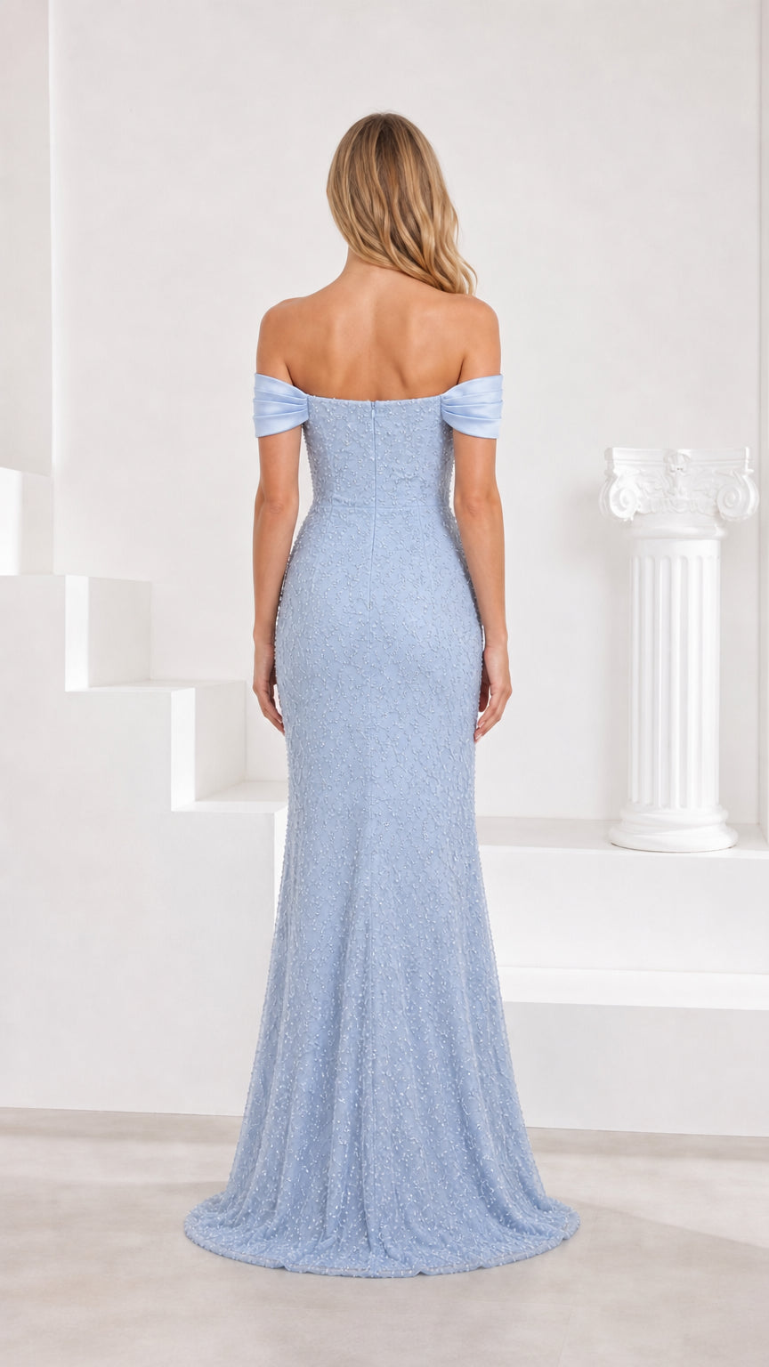 Back view of Light Blue floor-length sequined lace gown showing elegant silhouette