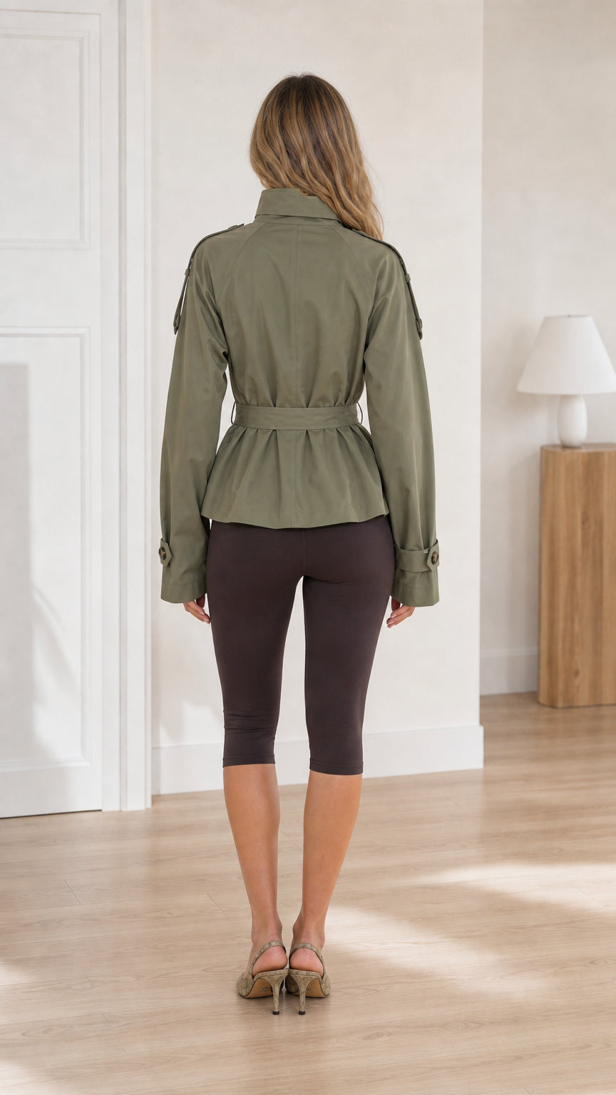 Women's cropped trench coat in Olive Green - back view
