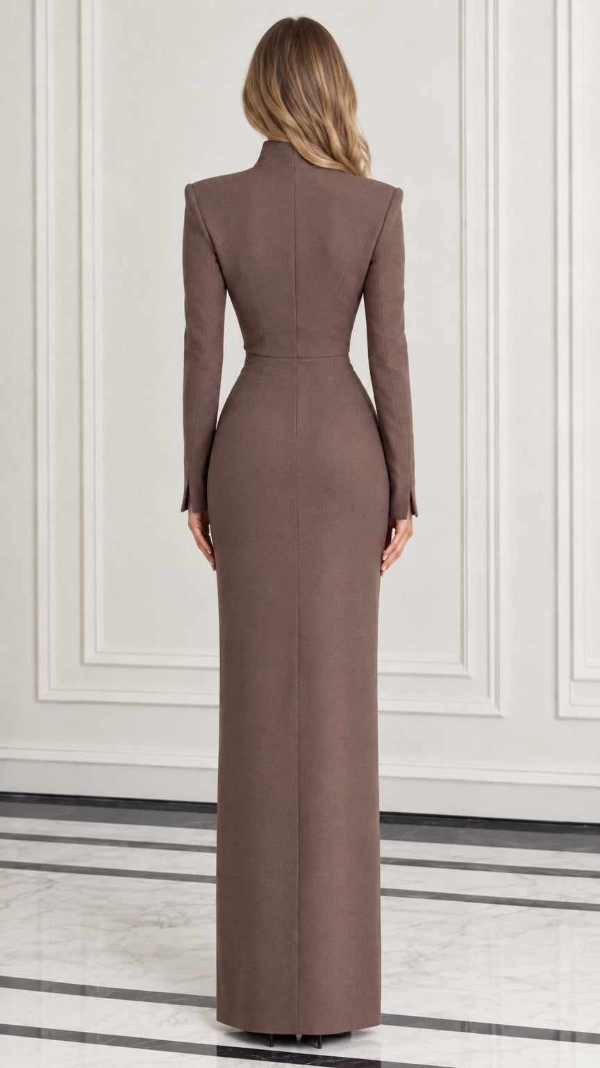 Back full-length view of model in mocha brown long sleeve high-neck top and matching column maxi skirt