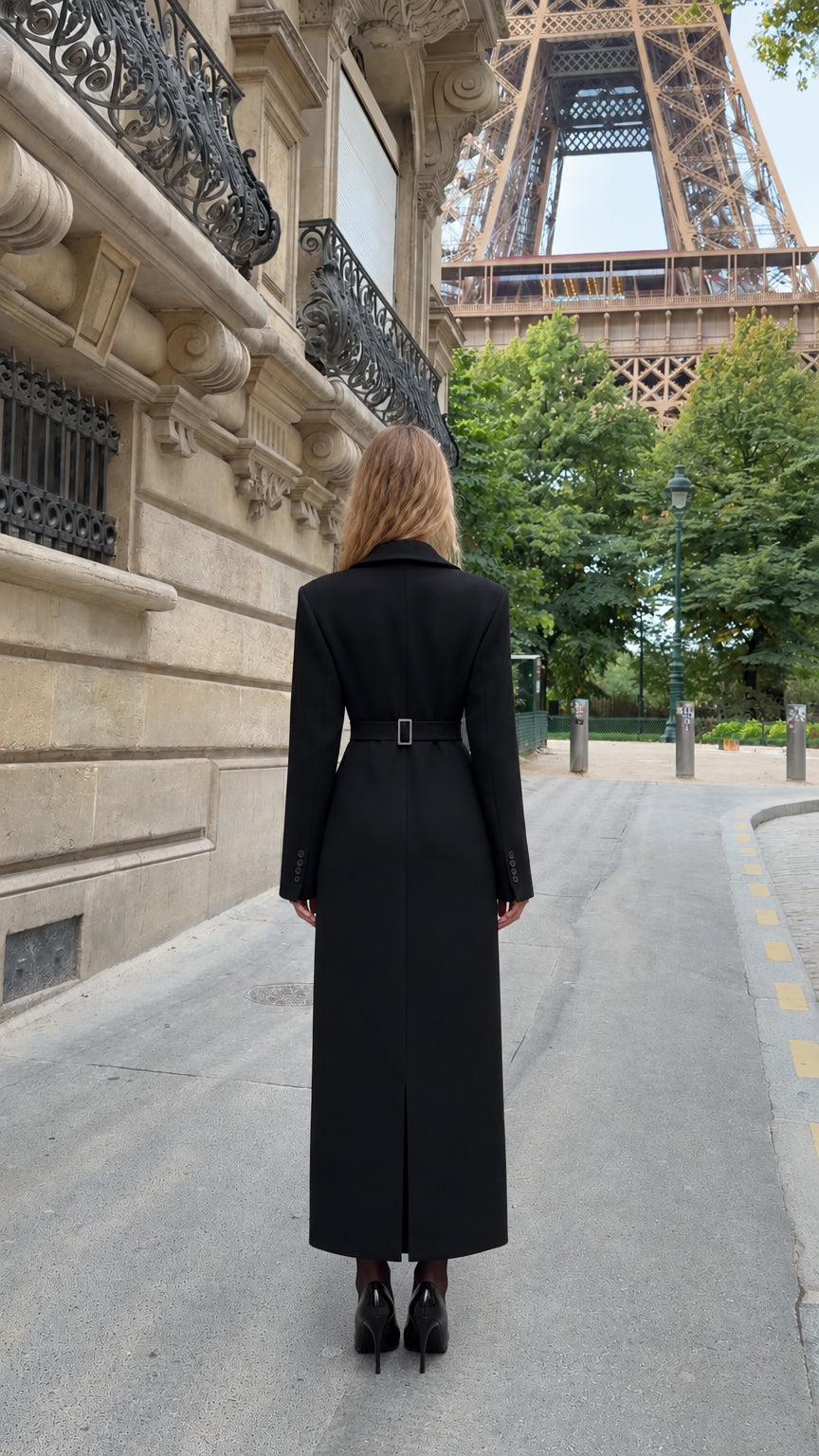 Back view of model wearing black maxi coat showing waist tab detail and rear slit