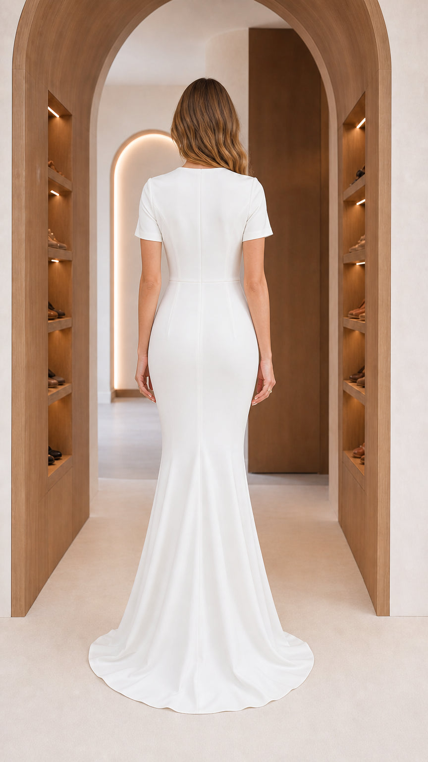Back view of model wearing white mermaid maxi dress showing subtle train
