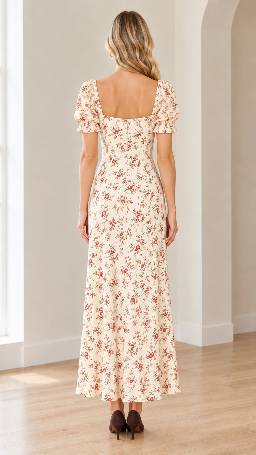 Back view of cream floral sweetheart neck maxi dress showing square back