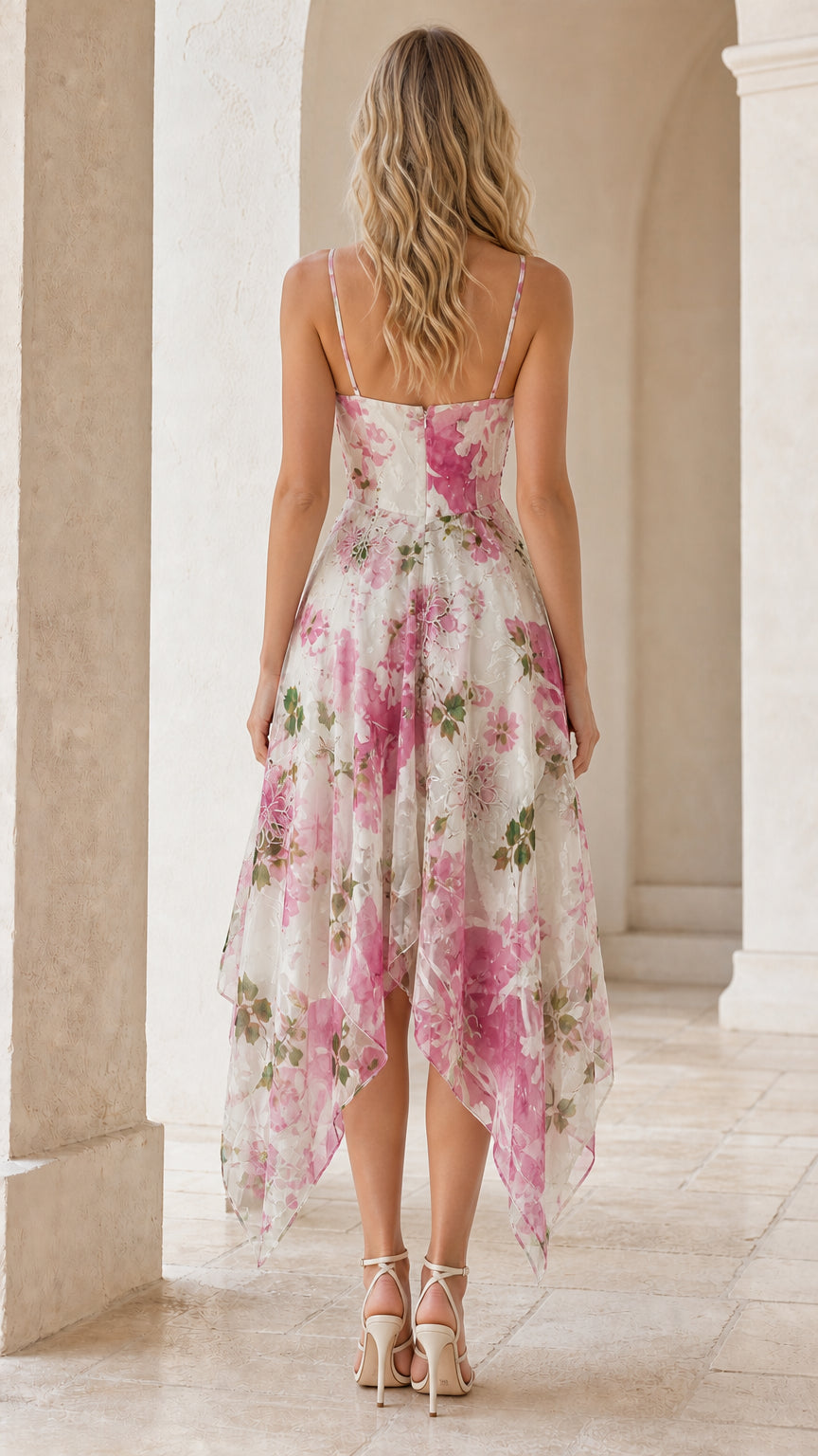Back view of model in white floral midi dress showing low back and draped handkerchief hem