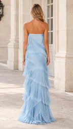 Back view of sky blue strapless tiered fringe formal maxi dress