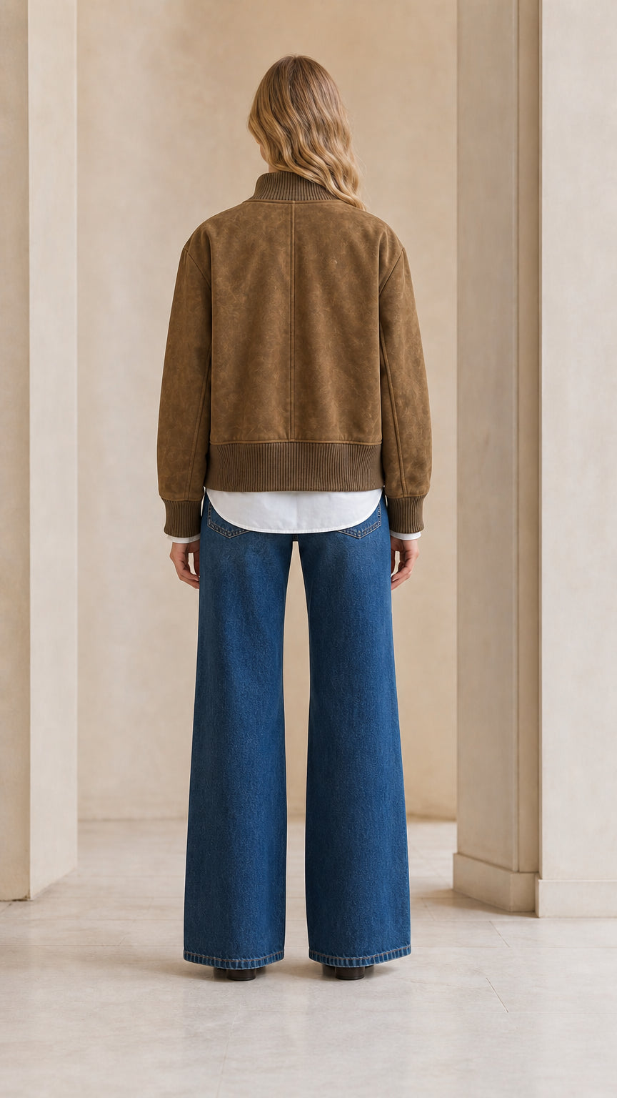 Back view of model wearing camel brown faux suede bomber jacket