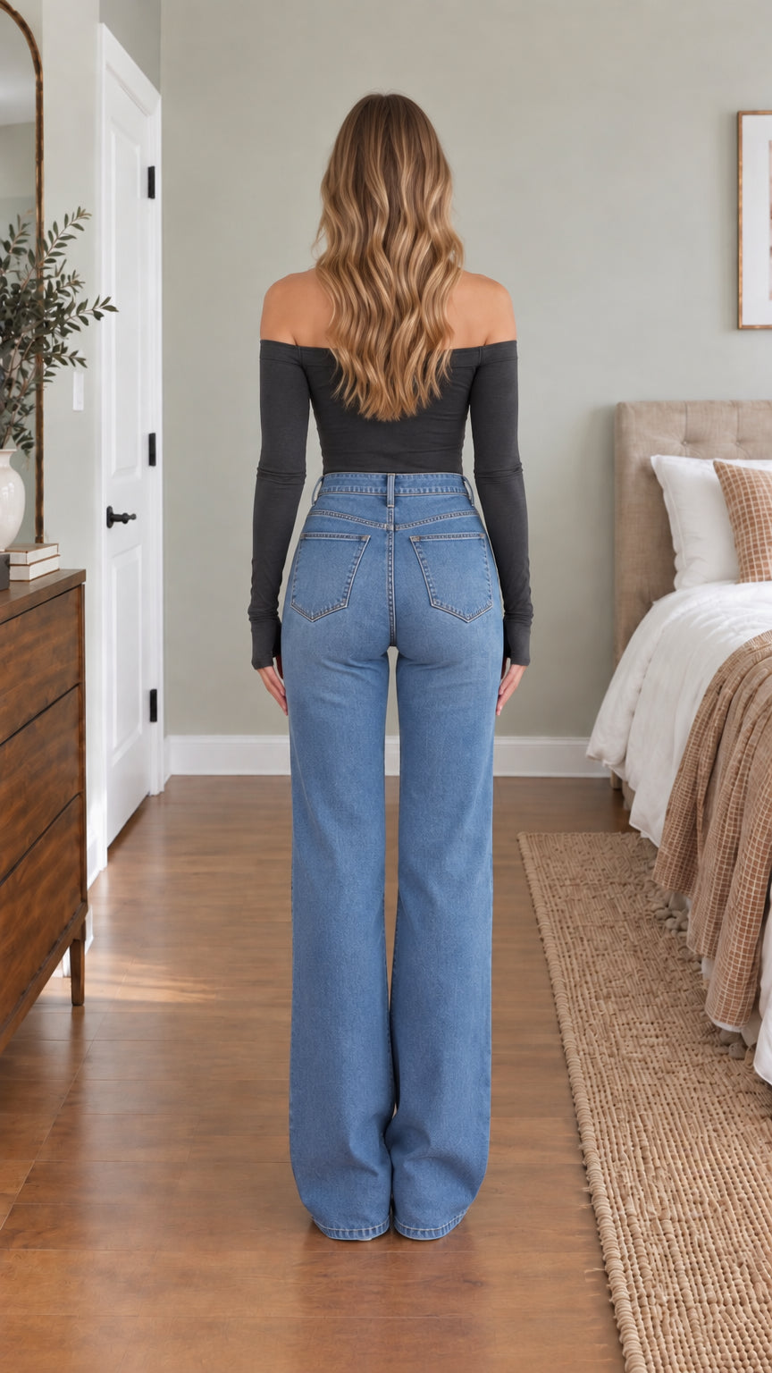 Back view of model showing the fit of the off-shoulder top and wide-leg denim jeans