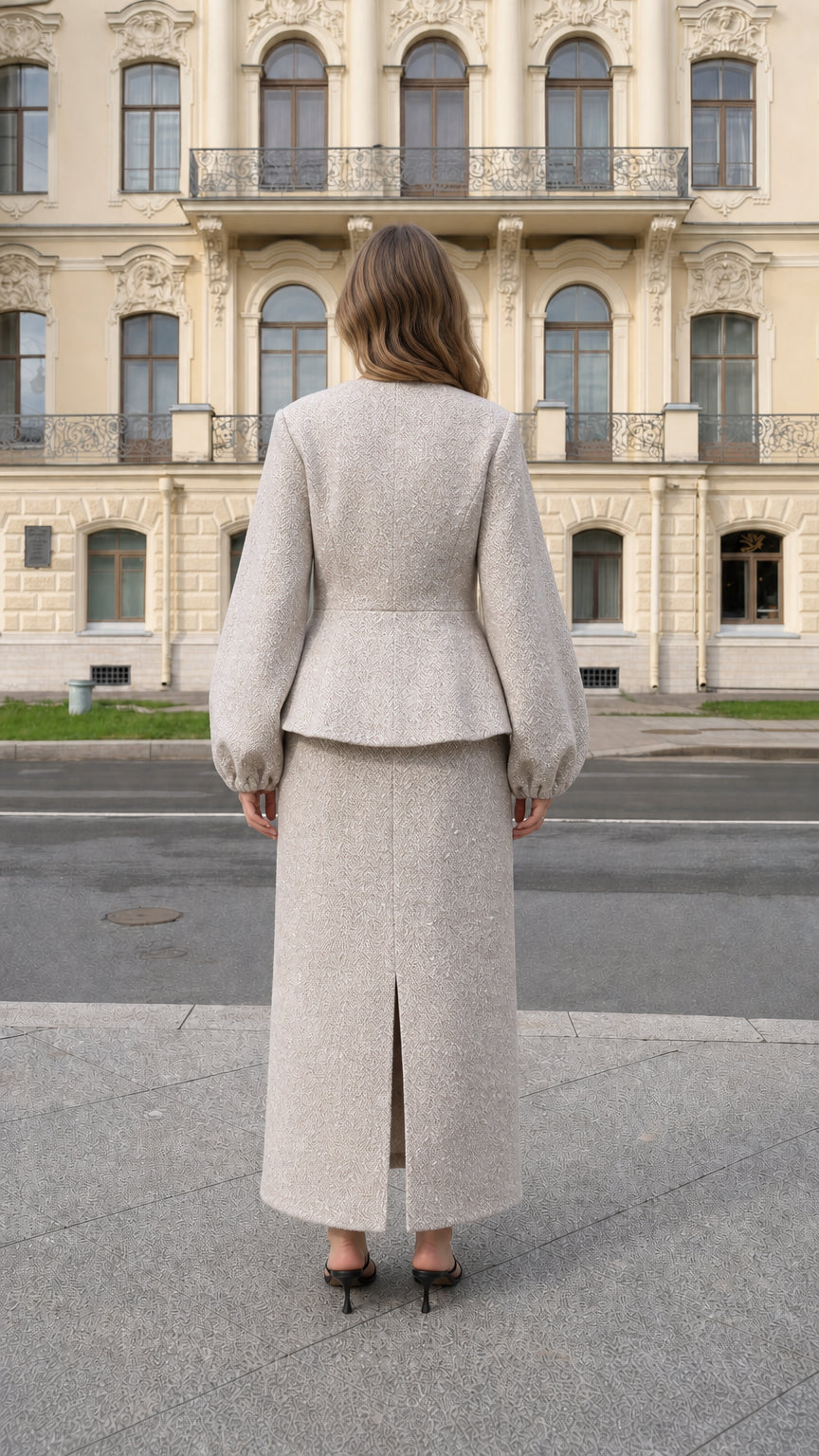 Back view of beige tweed two-piece set showing back slit on maxi skirt