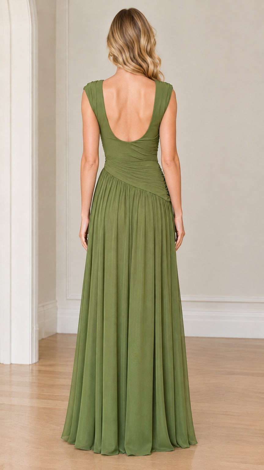 Back view of olive green maxi dress featuring a low scoop back design
