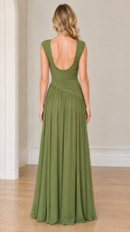 Back view of olive green maxi dress featuring a low scoop back design