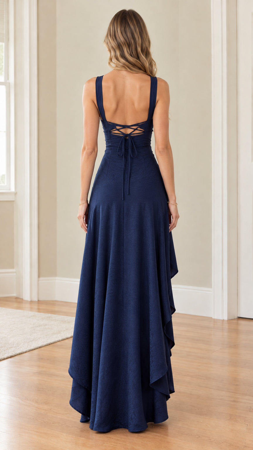 Back view of model wearing Navy Blue dress displaying crisscross lace-up back