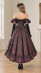Back full-length view of Burgundy Victorian dress highlighting adjustable lace-up corset back