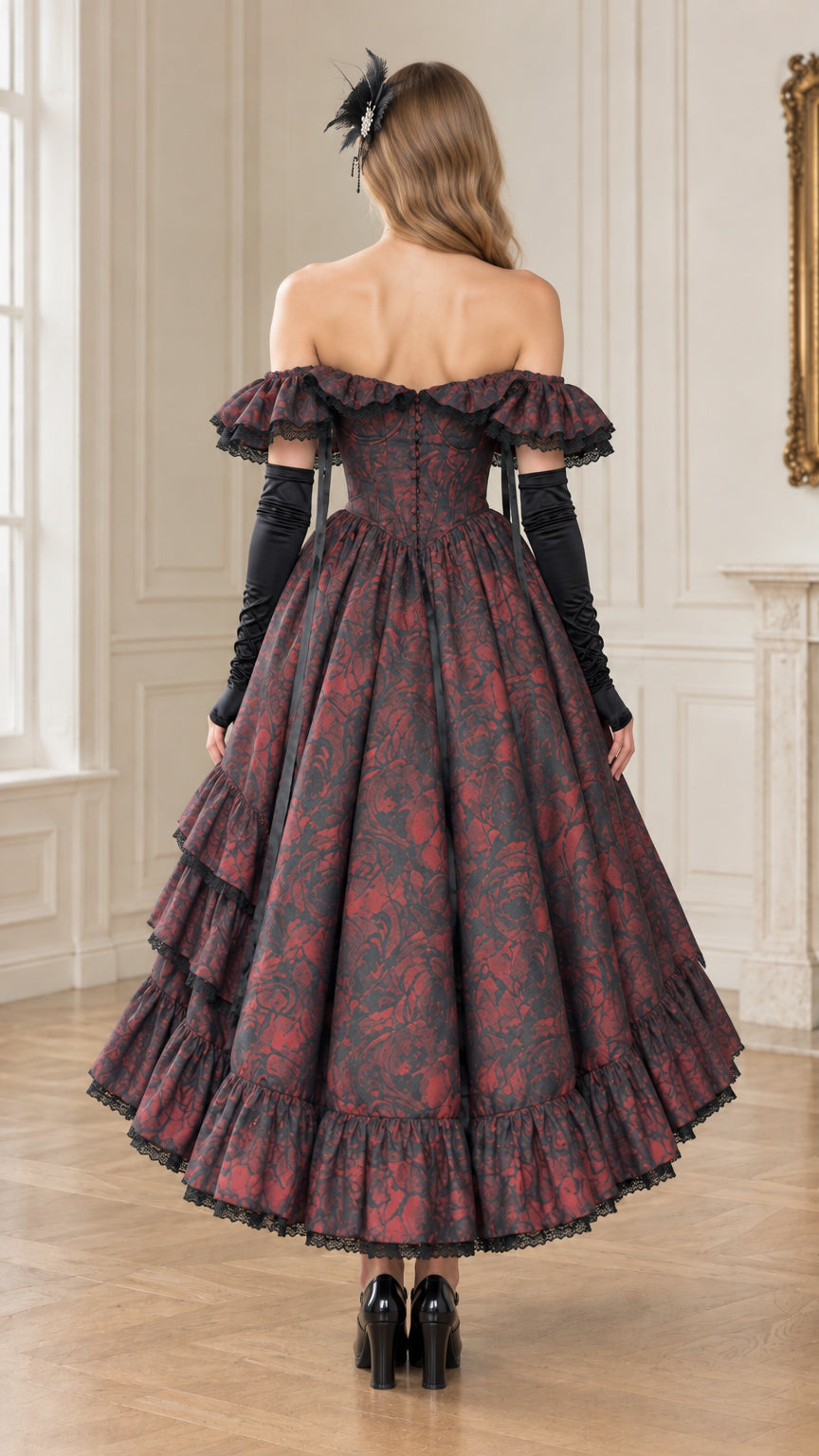 Back full-length view of Burgundy Victorian dress highlighting adjustable lace-up corset back