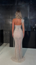 Back view of silver open-back sequined maxi evening gown