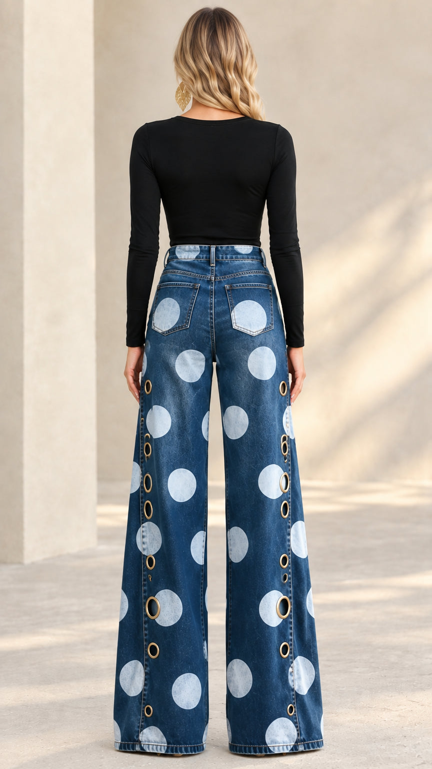 Back view of model wearing blue polka dot wide leg jeans showing back pockets and hem