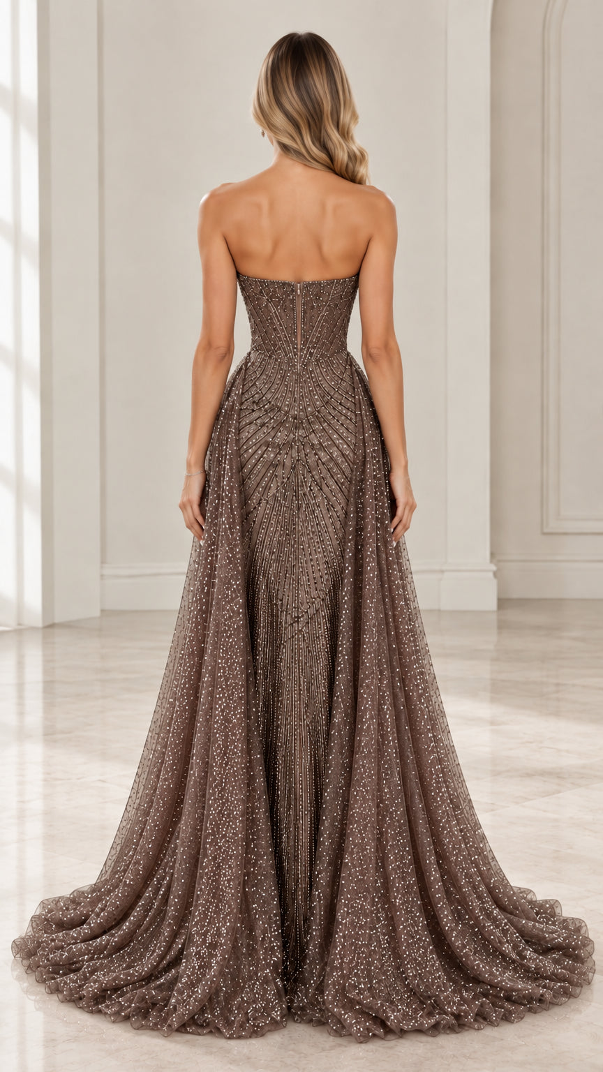 Back full-length view of mocha strapless gown showing zip closure and sweeping floor-length train