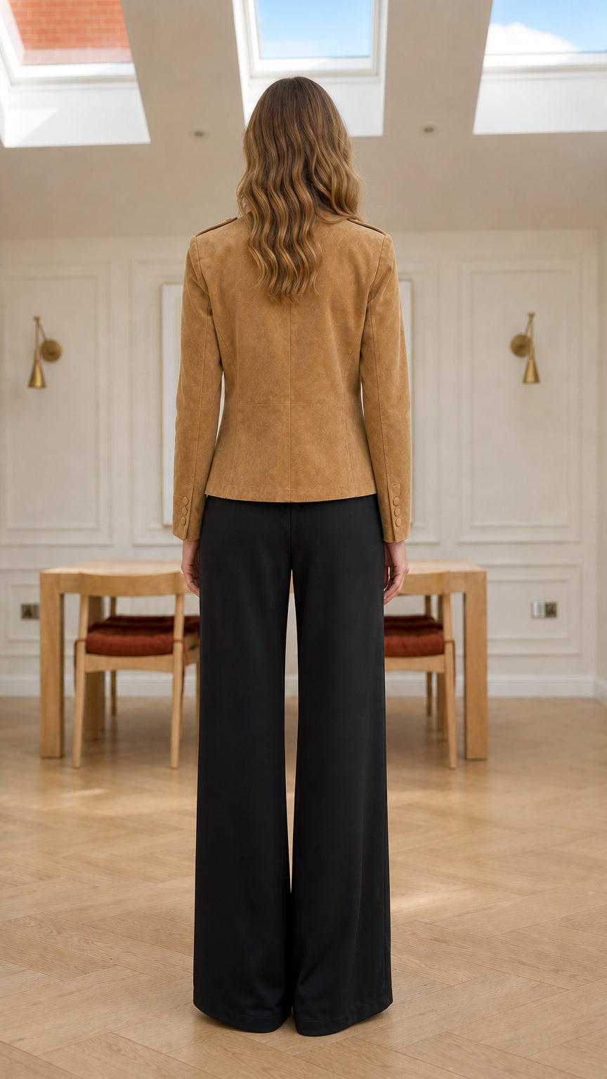 Back full-length view of model wearing camel faux suede jacket showing tailored back seams