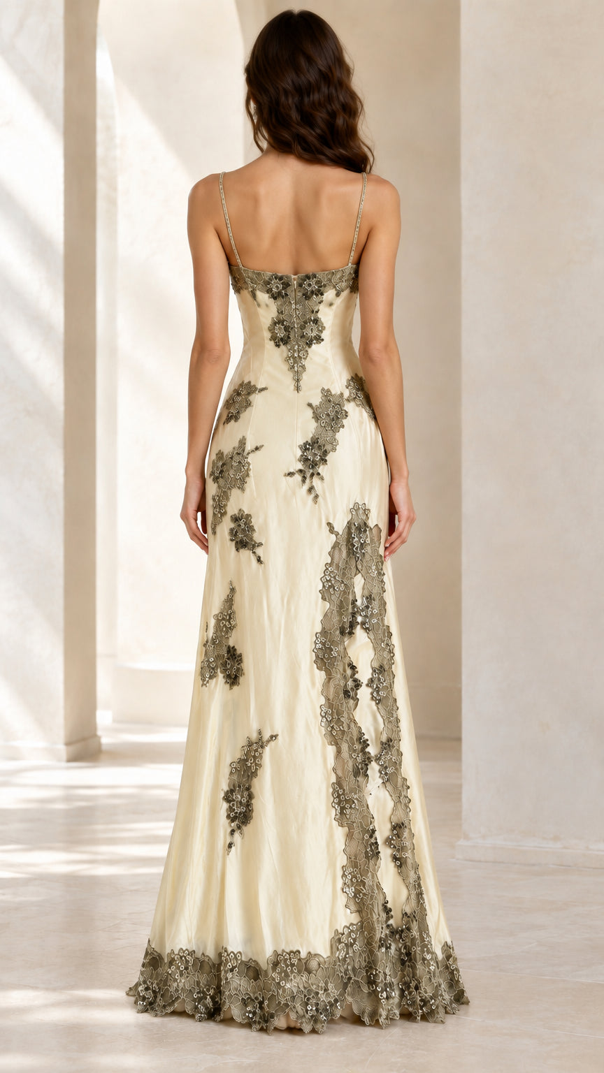 Champagne satin maxi evening dress back view showing slender spaghetti straps