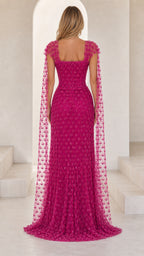 Fuchsia Pink formal sequin gown showing open square back and floor-length cape